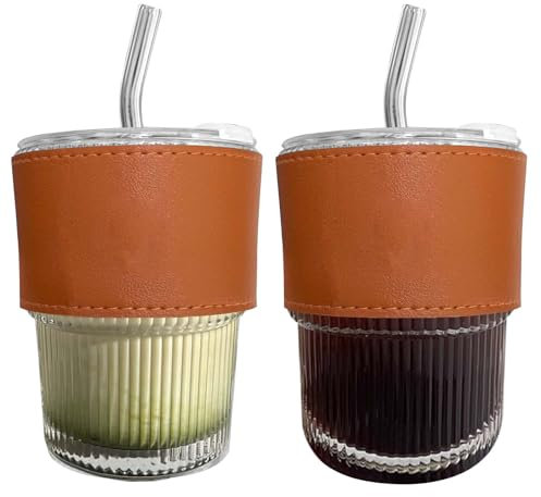 2 Stück Glasbecher mit Deckel und Strohhalm, 400ml Glas Smoothie Becher mit Strohhalm, Luftdicht Wasserdicht Design Trinkbecher Blasen Teetassen Eiskaffee Becher Trinkglas für Saft Milch Kaffee