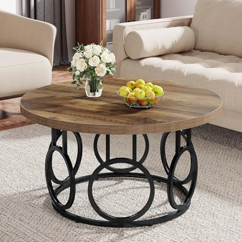 Tribesigns Runder Couchtisch, 80 cm, industrieller Kreis, Wohnzimmertisch, moderner Holzakzent-Tisch für Zuhause, Büro, Wohnung (Holzmaserung und Schwarz)