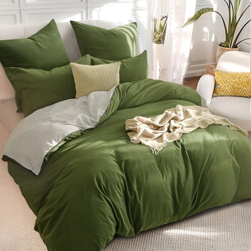 RUIKASI Olive Double Duvet Set Beige - Reversible Green Duvet Cover Double Bedding Set with Zip, Soft Brushed Microfibre Double Bed Set Quilt Cover with 2 Pillowcases