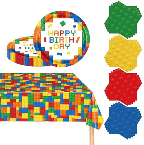 POPOYU 37Pcs Building Blocks Party Tableware Set,Paper Party Dinnerware Set for Kid's Birthday with Plates,Tablecloth,Napkins,Table Decorations for Baby Shower,Boys,Party Supplies for 16 Guests