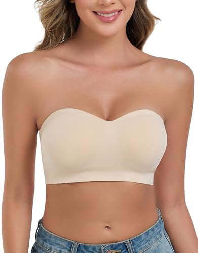 ANGOOL Damen Trägerloser BH ohne Bügel Push Up BH ohne Träger Feste Polster Bandeau Top Damen Seamless mit Transparente und Primärfarbige Träger, Beige, L