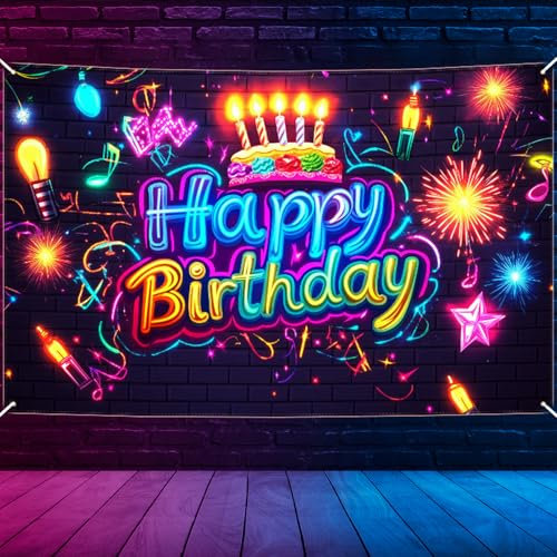 Qpout Glühen in der dunklen Neon Geburtstag Hintergrund, 5,9ft x 3,6ft Party Banner für Neon Geburtstag Dekorationen, perfekt für Photo Booth und Party Supplies