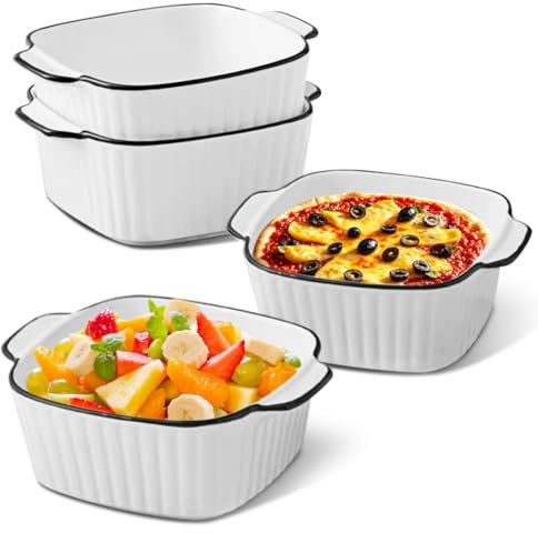 MIUUIPI Keramik Auflaufform 4er Set, 14.5 x 11.5 x 5.5cm Quadratische Auflaufform mit Griffe, Stapelbares Kleine Keramik Backform für Fritteuse, Backofen und Mikrowellen, 400ML Backformen