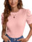 Tuopuda T Shirt Donna Firmate Magliette Manica Corta Estive T-Shirt Elegante Top Bianche Elasticizzato Tee Maglietta Camicia in Maglia Girocollo Blusa Taglie Forti, Rosa, S