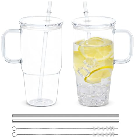20oz Plastic Tumbler with Handle, 2Pack Clear Tumblers with Lid and Straw | Iced Coffee Cup with Clear lids for Cold Drinks, Coffee, Soda, Tea, Milk, Juice