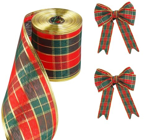 Hainue Rot und Grün Plaid Sackleinen Band 63mm in Breite,Weihnachten Dekoband mit Goldkante,Verdrahtet Plaid Bänder für Handwerk,Geschenk Verpackung, Bögen, Baumdeko(9.14m)