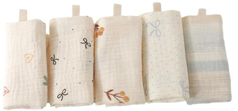 ZhouWei 5 Pièces Débarbouillettes pour Bébé, 22 x 23 cm Coton Lingettes Lavables, Douces et Absorbantes, Réutilisables Gant de Toilette en Mousseline, pour Les Mains et Le Visage de Bébé