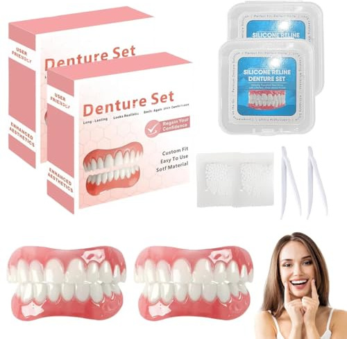 EIHI Ensemble de Dentier Silicone avec 10 g de Caoutchouc Dentaire, Fausse Dents, Amovible, Appareils Dentaires Hommes et Femmes, Dentier Provisoire pour Manger, Adaptés à la Maison, 2 Ensembles（A）