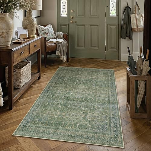 PureCozy Waschbarer Grün Teppich Wohnzimmer 120x170cm Vintage Tepich | Kurzflor Rutschfest,Weich Boho Retro Carpet,Leicht,Schlafzimmer,Esszimmer,Kinderzimmer,Büro