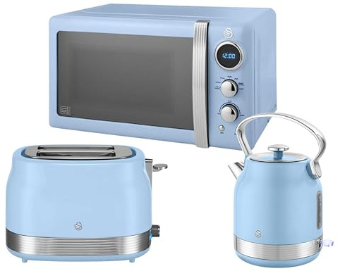 Swan Retro Revive Blue 1.7L 3KW Traditional Stovetop Inspired Design Kettle, 2 Slice Toaster & Retro 800W 20L Microwave. Matching Vintage Design Kitchen Set in Blue with Chrome Accents