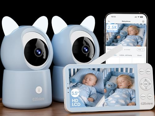 CZEview Babyphone mit 2 Kameras 2.5K & 5.5-Zoll-HD-Großbildschirm, Nachtsicht, 360° WLAN Video Babyfon mit App, Musik & Buntes Nachtlicht, Intelligente Erkennun