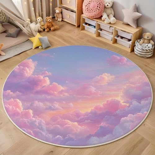 ZISTRCBAO Rosa Wolken Runder Teppich Für Kinderzimmer, Aquarellstil Kinderteppich Fürs Babyzimmer Kleinkinderzimmer Wohnzimmer 180cm