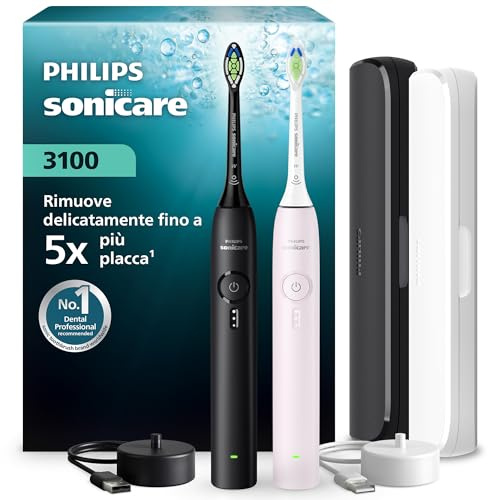 Philips Sonicare 3100 Series–elektrisk tandborste, Pressure Sensor, 3 intensitetsnivåer, EasyStart, SmarTimer och QuadPacer, 14 dagars batteritid, resefodral, svart och ljusrosa, 2-pack,HX4072/42,[Ny]