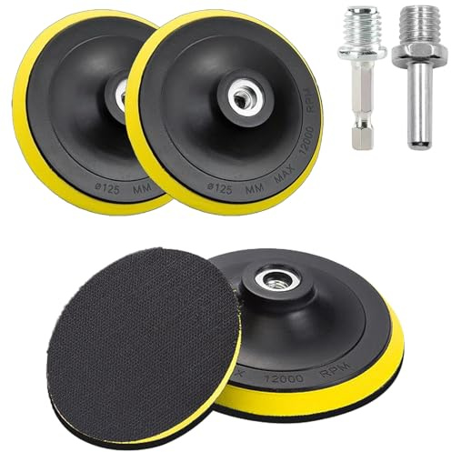 4 Stück Klett Schleifteller 125mm, Polierteller Schleifpapierteller mit Bohradapter M14 inkl. Spanndorn für Exzenterschleifer Winkelschleifer Bohrmaschine Exzenterschleifpapier