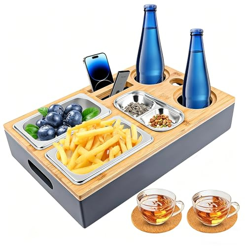 BUCOMTU Couchbar Snackbox, Sofatablett Snackbox Mit Snackschalen Aus Edelstahl, Snackbox mit Fächern, Sofaablage für Wohnzimmer Schlafzimmer Camping Garten Picknickparty