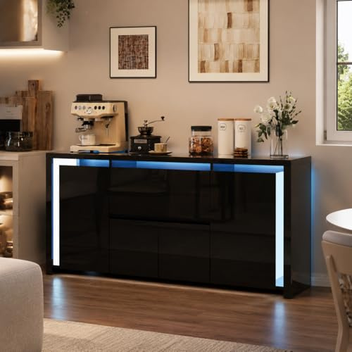 LONELYO Buffet Noir Laqué 4 Portes 2 Tiroirs avec Éclairage LED, Meuble de Rangement Moderne pour Salon, Cuisine ou Entrée, Design Haut Brillant (Noir)