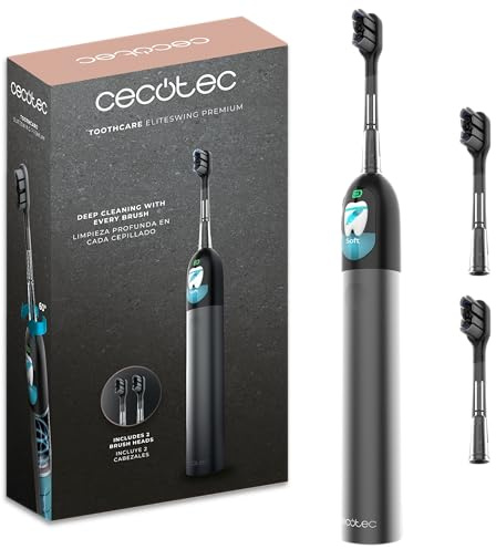 Cecotec Spazzolino Elettrico Sonico 60° con Display ToothCare EliteSwing Premium. 3 Modalità, Autonomia 30 Giorni, Sensore Pressione, Base Ricarica e 2 Testine, IPX7, Spazzolamento Controllato