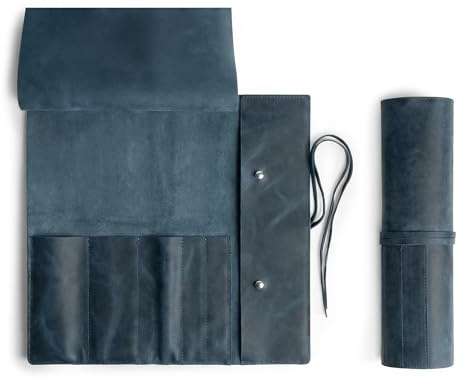 Hide & Drink, Rustic Knife Roll Case (5 pockets), Compact Carry-On Bag for Traveling Chefs & Cooks, Kitchen Tool Storage Organizer, Full Grain Leather, Handmade (Slate Blue)