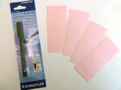 40 Plain Pink Iron on Name Tapes with Black Permanent Laundry Marker Pen - Name Tag Labels - Ideal for Childrens School Uniform or Nursing/Care Homes