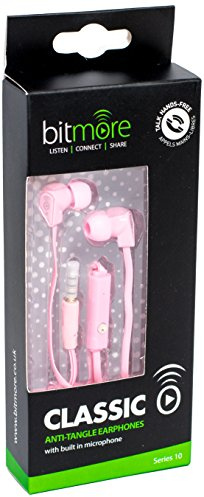 Bitmore Classic In-Ear canal Headphone with In Line Microphone, Pause Control and Spare Gels - Pink
