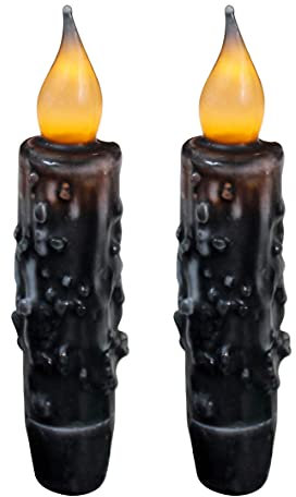 CVHOMEDECO. Echtwachs Hand getauchte batteriebetriebene LED Timer Taper Candles Country Primitive Flameless Lights Dekor, 12 cm, Mattschwarz, 2 Stück in einer Packung