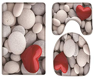 A.Monamour Badezimmer Badematte 3 Teilig Set Rotes Herz Weiß Spa Steine Massage Kieselsteine Zen-Meditation Natur Kunst Flanell Saugfähig Badteppiche Badvorleger Badgarnitur WC Vorleger