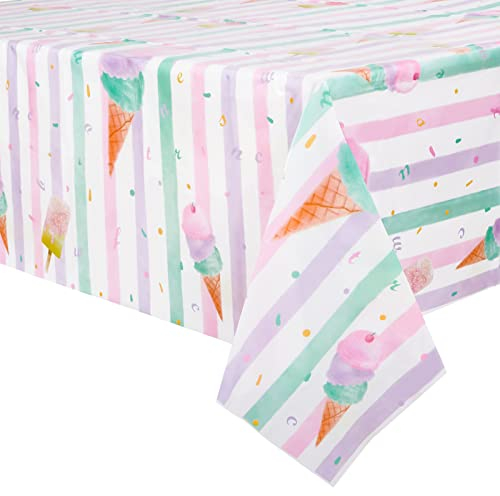 WERNNSAI Ice Cream Party Table Cover - 1 Pack 137 x 274cm Disposable Rectangular Plastic Tablecloth Ice Cream Themed Party Supplies for Kids Girls Birthday Baby Shower Wedding Party Decorations