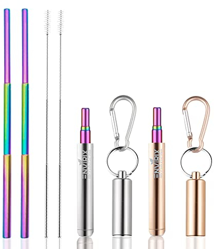 Envirix Pajitas telescópicas Reutilizables Pajitas de Arco Iris de Metal de Acero Pajitas Plegables Juego de Llavero portátil con Estuche de Aluminio y Cepillo de Limpieza (Plata y Oro Rosa)