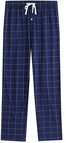 Vulcanodon Mens Cotton Pyjama Bottoms, Lightweight Sleep Pants with Pockets Soft Lounge Pajama Pants for Men Plaid Pj Bottoms (Navy-Plaid, L)