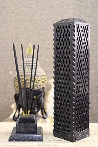 KC KULLICRAFT Handgefertigter Marmor-schwarzer Speckstein Räucherstäbchenbrenner | Kerzenhalter | Teelichtbrenner - Perfekte Jaali-Schnitzerei zum Verschenken, dekorative Heim- und Küchendekoration