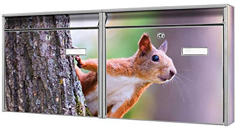banjado Briefkastenanlage 2 Fach - 2 Briefkästen 72x32x10cm groß - Doppelbriefkasten Set - Namensschild, 2 Schlüssel, Montagematerial - Stahl verzinkt Silber - Motiv Eichhörnchen