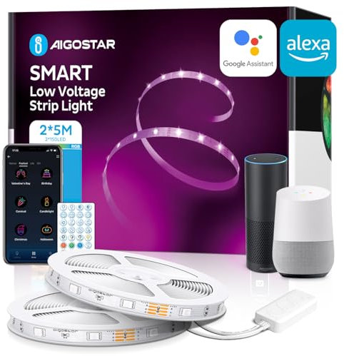 Aigostar Alexa RGB Led Strip Light 10m Plug in Led Strip Lights with Music Sync Mode Work with Smart WiFi App Control & Remote Led Lights for Bedroom Party TV Living Room 2 Rolls of Led Strip Light 5m