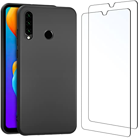 NEW'C Funda para Huawei P30 Lite Carcasa Silicona Negra y 2X Protector de Pantalla para Huawei P30 Lite Cristal Templado - Antiarañazos