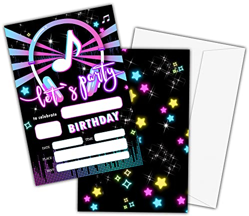 Geburtstagsparty-Einladungskarten für Kinder, Tik Musik-Party-Einladungen, Karten für Mädchen und Jungen, Partyfeier für Jugendliche, Partyzubehör, personalisierte 20 Karten mit Umschlägen (D001)