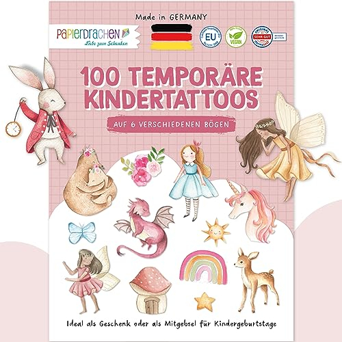 Papierdrachen 100 besonders hautfreundliche Kindertattoos - Tattoos Fabelwesen und Märchen - für Kinder - als Geburtstagsmitgebsel oder Geschenkidee - 100% vegan & geprüft