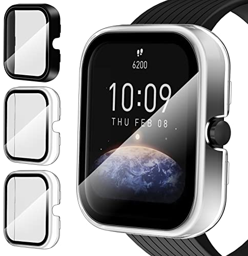 iVoler 3 Pezzi Cover con Vetro Temperato per Amazfit Bip 3 / Amazfit Bip 3 PRO, Copertura Completa Custodia Rigida PC, HD Clear Pellicola Protettiva Anti-Graffio Case, 2 Trasparente + 1 Nero