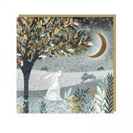 Art Beat Artistic Charity Weihnachtskarten – Glimmer Skies – Schöne Illustration eines Hasen unter dem Mond Winterszene – 6 Karten mit 1 Design