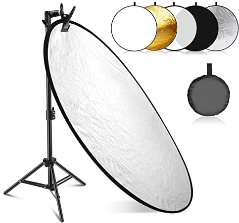 Neewer 32”/80cm Light Reflector Kit, 5 in 1 Collapsible Round Reflector (Translucent/Silver/Gold/White/Black), Metal Clamp and 21-43”/53-110cm Short Stand for Low Angle Children Studio Photography