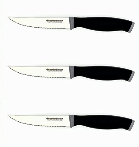 Marietti - Cuchillo para carne de 4.3 pulgadas italiano Juego de 3 cuchillos de barbacoa dentados de acero inoxidable Coltello Bistecca Negro-Gris