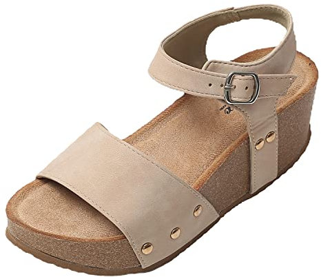 JOMIX Sommer Sandaletten Damen Keilabsatz Sandalen Leder Knopfleiste Bequeme Kork Fußbett Meer Strand Outdoor (01 Beige, 36 EU)