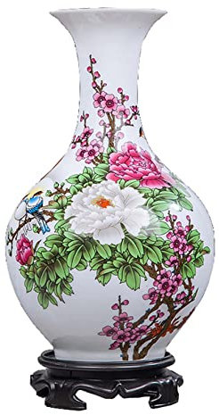 ZEALMAX Keramikvase im chinesischen Stil, dekorative Blumenvase für Tisch, Regal, Wohnzimmer, Heimdekoration, Pfingstrose, Weiß