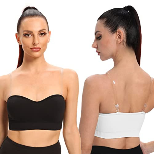 ANGOOL Damen Trägerloser BH Push Up ohne Bügel Bandeau Top Damen Gepolsterter Seamless Rutschfestes Silikon mit Transparenten Trägern, Schwarz+Weiß, XL