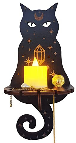 Mensola Fox in Legno per Cristalli, Mensole Nere con Candela LED Mensole Boho Rustico, Espositore in Cristallo Montato a Parete, Mensole Galleggianti Sospese in Legno per Porta Cristalli,(gatto)