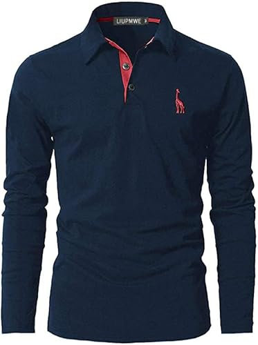 LIUPMWE Mens Polo Long Sleeve Shirt Cotton Golf Giraffe Tennis T-Shirt Tops,Blue-0901,L