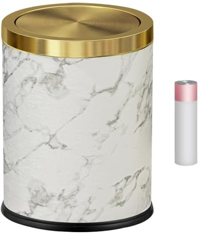 YOJIA Badezimmer-Mülleimer mit Schwingdeckel, Weißgold-Mülleimer, weißer Marmor-Leder-Mülleimer, für Schlafzimmer, Küche, Puderraum, Marmor-Marmor