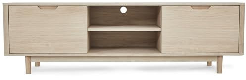 Nyborg TV-Board 180 cm breit Eichenoptik – Skandinavisches TV-Möbel aus massiver Eiche mit Weiß-Öl Finish – 2 Türen,bSoft-Close – Fernsehtisch für Wohnzimmer & Mediengeräte bis 75 Zoll