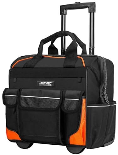 HAUTMEC 14.5 Rolling Tool Bag with Wheels, 25-Pocket Portable Tool Box Organizer with 600D Water-Resistant Fabric, Wide-Mouth Design, Oversized Wheels & Telescoping Handle - HT0353