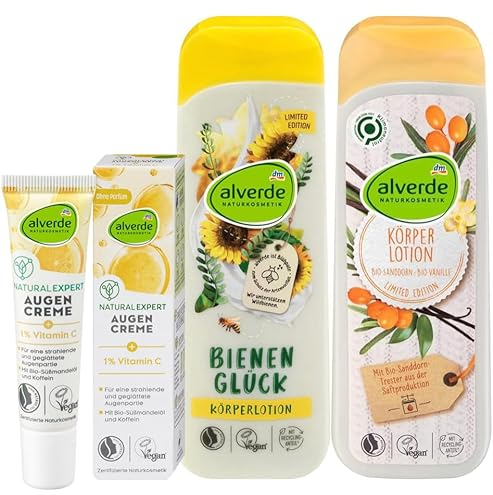 alverde NATURKOSMETIK 3er-Set Hautpflege: Augencreme NATURAL EXPERT Vitamin C (15 ml) + Bodylotion BIENENGLÜCK (250 ml) + Körperlotion SANDDORN VANILLE (250 ml), 515 ml