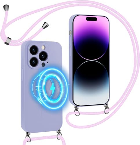 Foonary Funda Magnética con Cuerda para Apple iPhone 14 Pro 6,1, Compatible con MagSafe, Carcasa Silicona Líquida con Collar Colgante Correa de Cuello Cadena Cordón Case Cover para iPhone 14 Pro,Lila