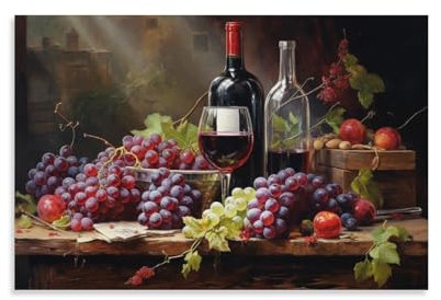 AEMYSKA Retro-Wein-Wandkunst für Wohnzimmer, Bauernhaus, Weinblätter, Gläser, Gemälde auf Leinwand, Wandkunst, Poster für Heimdekoration, Wanddekoration